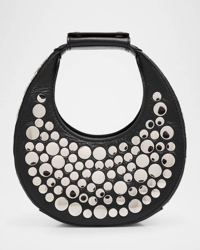 Oval Mirror Studed Leather Top-Handle Bag
